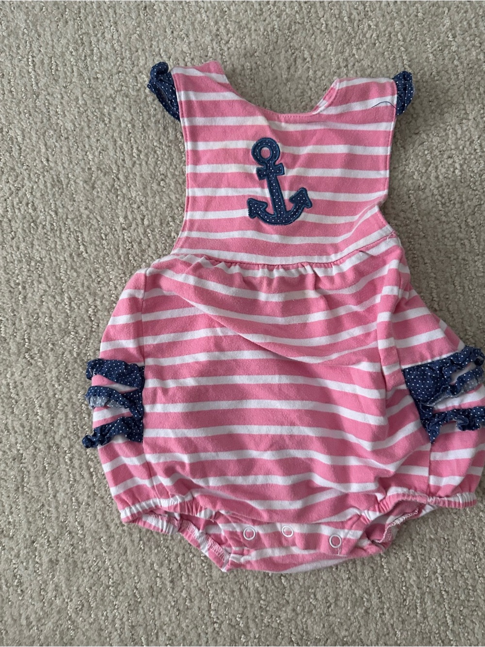 Pink and White Striped Anchor Romper with Navy Accent